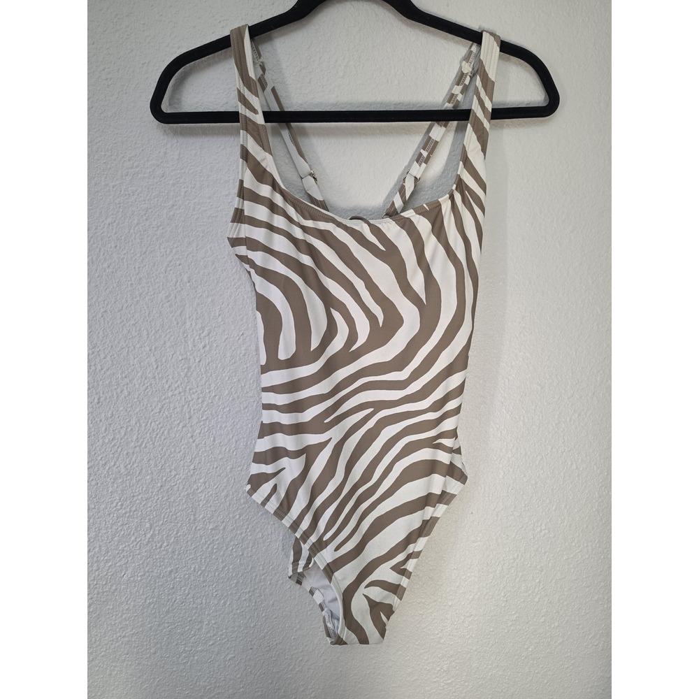Michael Kors One Piece Swimsuit Size 12 Brown White Zebra Print Sleeveless
